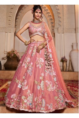 Pink Net Sequins Embroidery Wedding Lehenga Choli