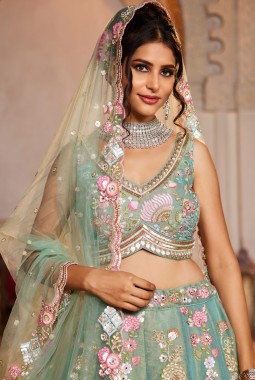 Sea Green Net Sequins Embroidery Wedding Lehenga Choli