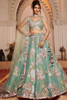 Sea Green Net Sequins Embroidery Wedding Lehenga Choli