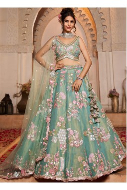Sea Green Net Sequins Embroidery Wedding Lehenga Choli