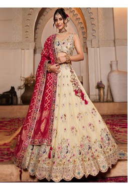 Cream Tissue Thread Embroidery Wedding Lehenga Choli