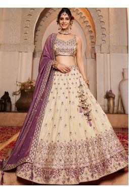 Cream Tissue Mirror Embroidery Wedding Lehenga Choli
