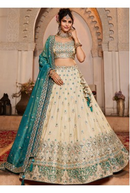 Cream Tissue Sequins Embroidery Wedding Lehenga Choli
