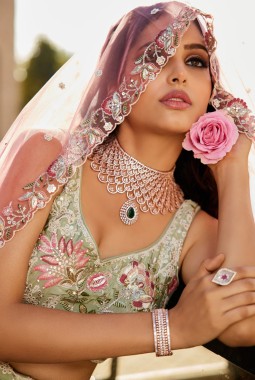 Lime Green Satin Silk Sequins Embroidery Wedding Lehenga Choli