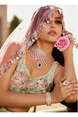 Lime Green Satin Silk Sequins Embroidery Wedding Lehenga Choli