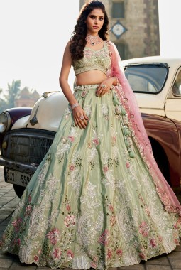Lime Green Satin Silk Sequins Embroidery Wedding Lehenga Choli