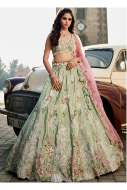 Lime Green Satin Silk Sequins Embroidery Wedding Lehenga Choli