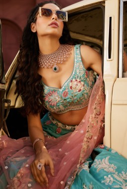 Turquoise Blue Satin Silk Sequins Embroidery Wedding Lehenga Choli