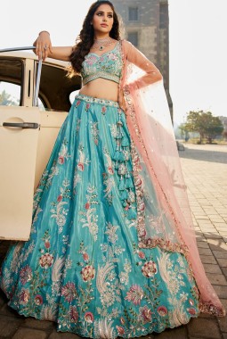 Turquoise Blue Satin Silk Sequins Embroidery Wedding Lehenga Choli