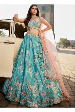 Turquoise Blue Satin Silk Sequins Embroidery Wedding Lehenga Choli