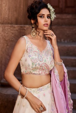 Cream Georgette Sequins Embroidery Wedding Lehenga Choli