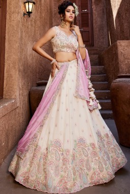 Cream Georgette Sequins Embroidery Wedding Lehenga Choli