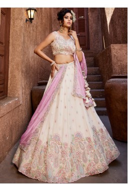 Cream Georgette Sequins Embroidery Wedding Lehenga Choli