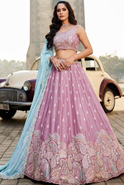 Lavender Georgette Sequins Embroidery Wedding Lehenga Choli
