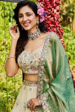 Cream Tissue Thread Embroidery Wedding Lehenga Choli
