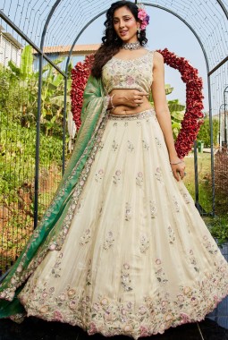 Cream Tissue Thread Embroidery Wedding Lehenga Choli