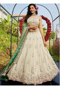 Cream Tissue Thread Embroidery Wedding Lehenga Choli