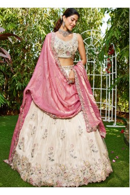 Cream Tissue Sequins Embroidery Wedding Lehenga Choli