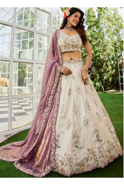 Cream Tissue Thread Embroidery Wedding Lehenga Choli