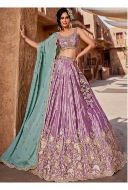 Lavender Satin Silk Sequins Embroidery Wedding Lehenga Choli