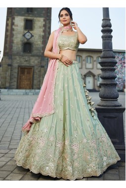 Lime Green Satin Silk Sequins Embroidery Wedding Lehenga Choli