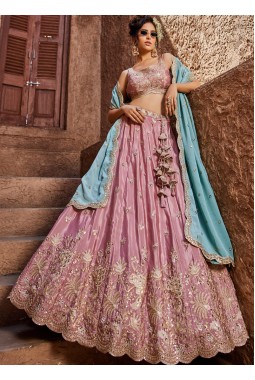 Pink Satin Silk Sequins Embroidery Wedding Lehenga Choli