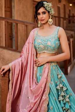 Turquoise Blue Satin Silk Sequins Embroidery Wedding Lehenga Choli