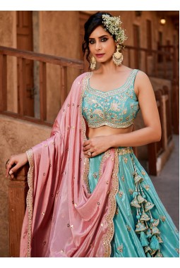 Turquoise Blue Satin Silk Sequins Embroidery Wedding Lehenga Choli