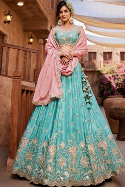 Turquoise Blue Satin Silk Sequins Embroidery Wedding Lehenga Choli
