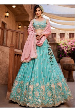 Turquoise Blue Satin Silk Sequins Embroidery Wedding Lehenga Choli