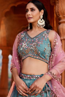 Blue Tissue Sequins Embroidery Wedding Lehenga Choli