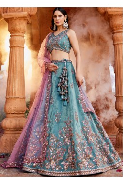 Blue Tissue Sequins Embroidery Wedding Lehenga Choli