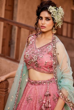 Pink Tissue Sequins Embroidery Wedding Lehenga Choli