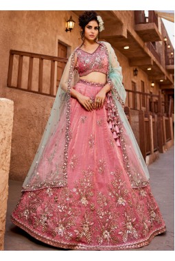 Pink Tissue Sequins Embroidery Wedding Lehenga Choli