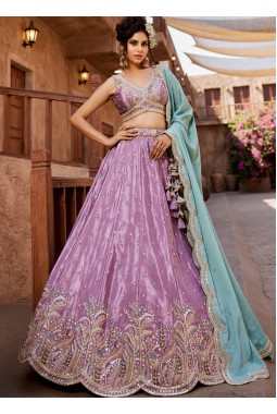 Lavender Satin Silk Sequins Embroidery Wedding Lehenga Choli