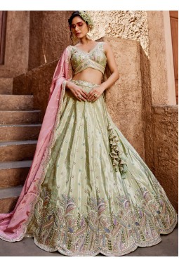 Lime Green Satin Silk Sequins Embroidery Wedding Lehenga Choli