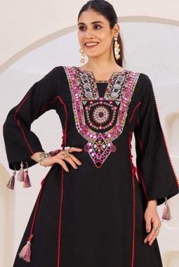 Black Rayon Thread Real Mirror Work Kurti Set