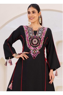 Black Rayon Thread Real Mirror Work Kurti Set
