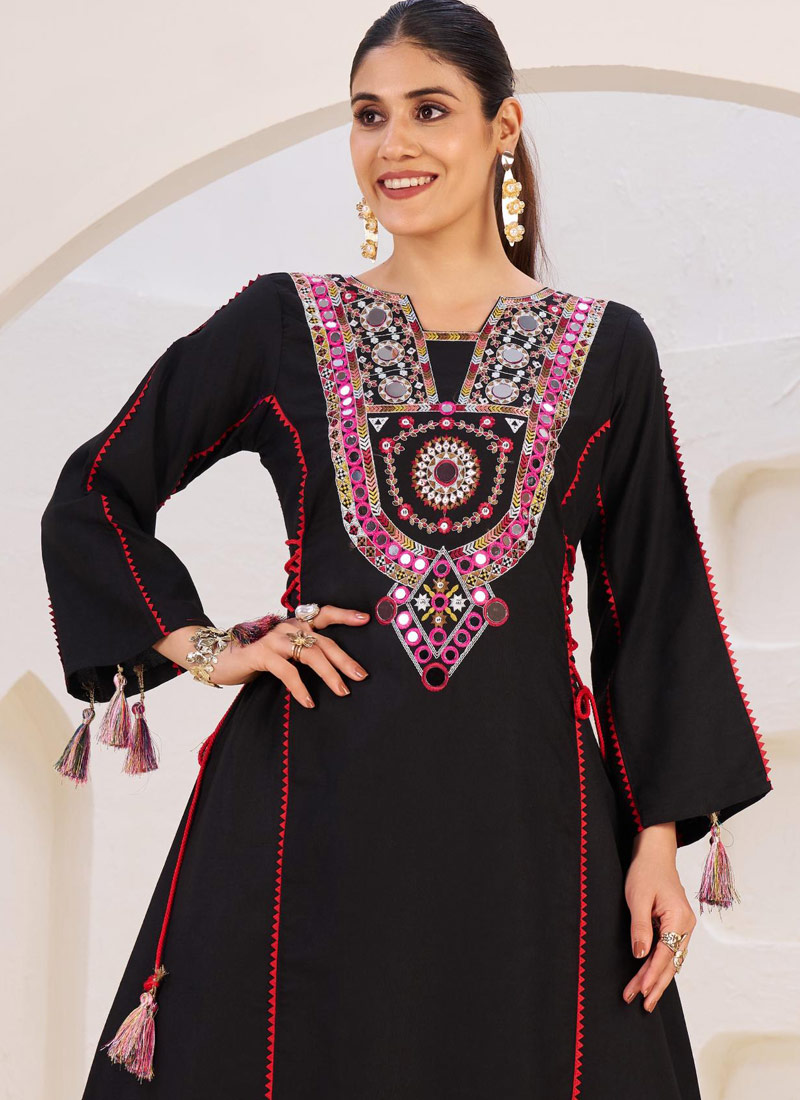 Black Rayon Thread Real Mirror Work Kurti Set