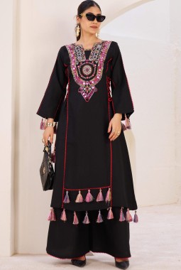 Black Rayon Thread Real Mirror Work Kurti Set