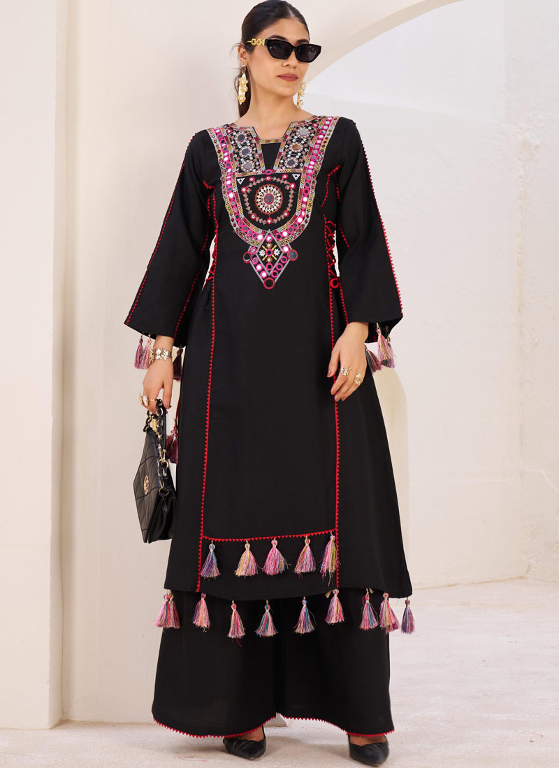 Black Rayon Thread Real Mirror Work Kurti Set