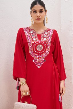 Red Rayon Thread Real Mirror Work Kurti Set