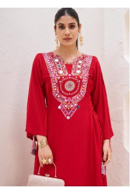 Red Rayon Thread Real Mirror Work Kurti Set