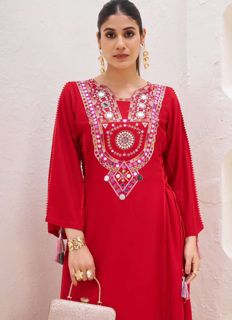 Red Rayon Thread Real Mirror Work Kurti Set