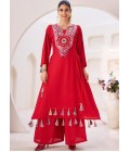 Red Rayon Thread Real Mirror Work Kurti Set