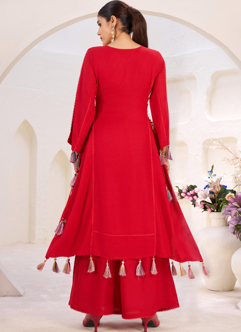 Red Rayon Thread Real Mirror Work Kurti Set