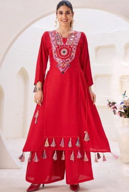 Red Rayon Thread Real Mirror Work Kurti Set