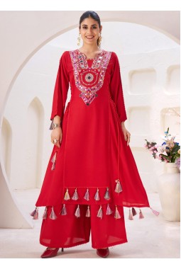 Red Rayon Thread Real Mirror Work Kurti Set