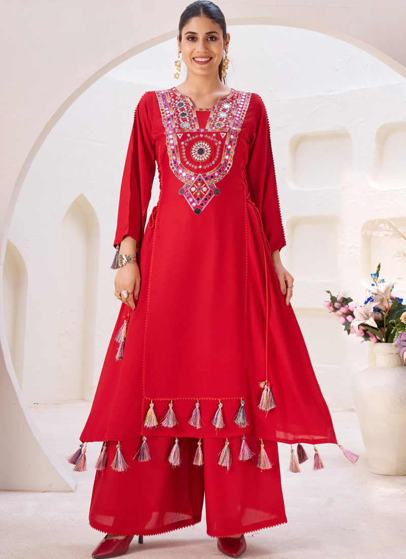 Red Rayon Thread Real Mirror Work Kurti Set