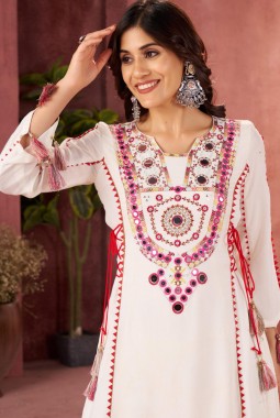White Rayon Thread Real Mirror Work Kurti Set